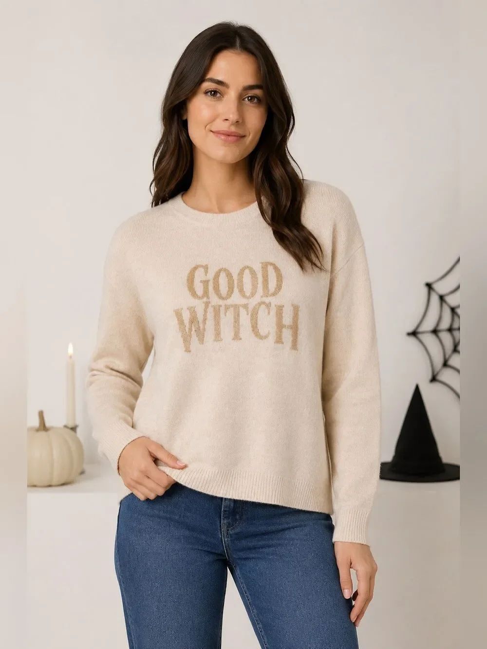 Vince Camuto Good Witch Cream Sweater with Gold Lettering
